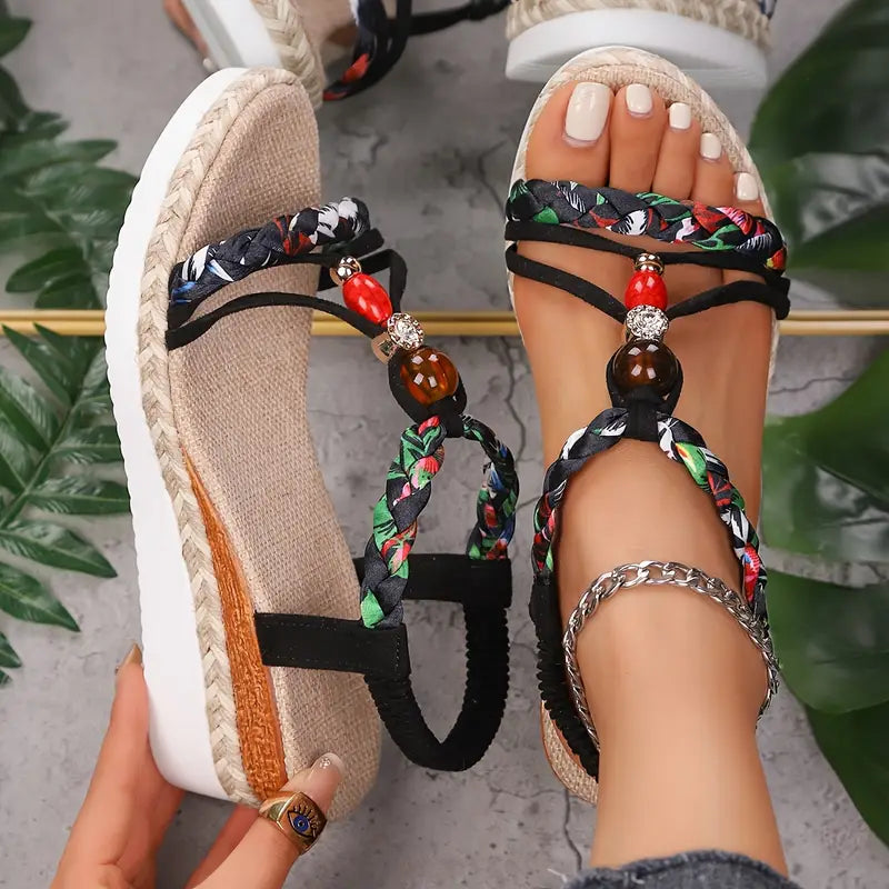 Momount espadrille kile-sandaler dame – boho med flettede perler og rhinsten