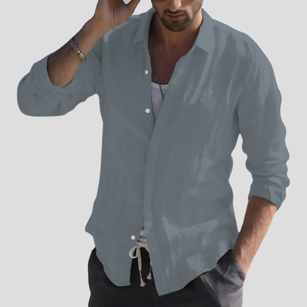 Momount Men Linen Shirt – Long Sleeve Turn Down Collar Button Up Classic