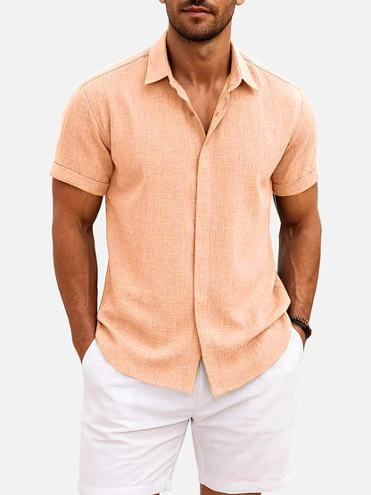 Momount Men Linen Shirt – Short Sleeve Turn Down Collar Cotton Blend Casual