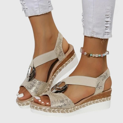 Momount espadrille kile-sandaler dame – blush med metallisk finish og ankelrem