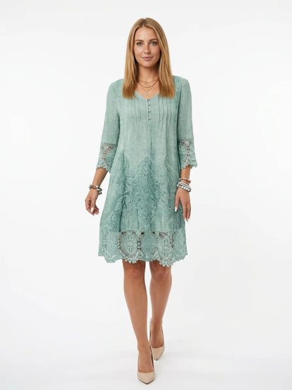 Clara Embroidered Midi Dress | V-Neck, Lace Trim Sleeves - Light Green - front