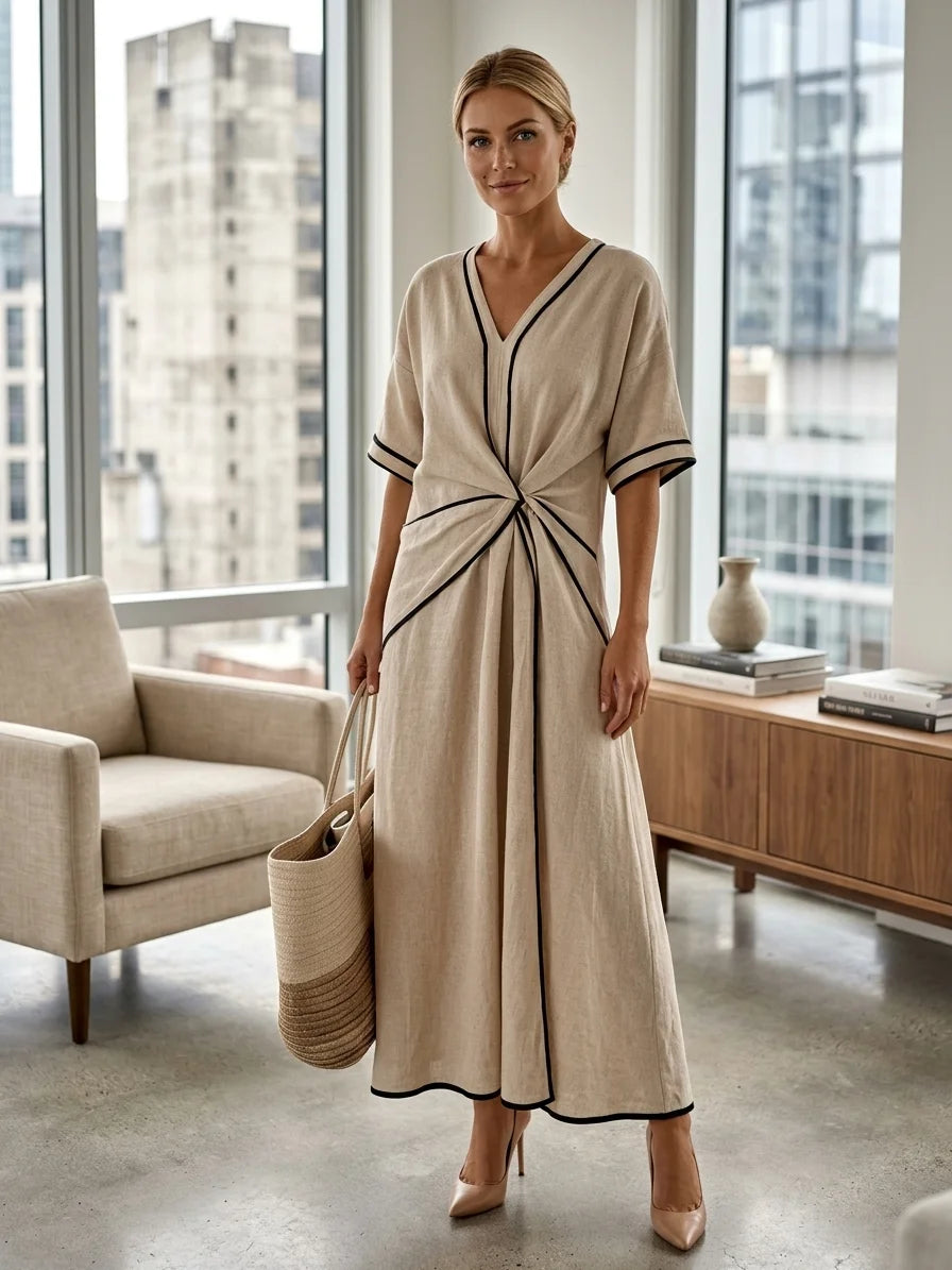 Vivian Twist Front Maxi Dress | V-Neck, Contrast Edges - Beige - lifestyle_indoor