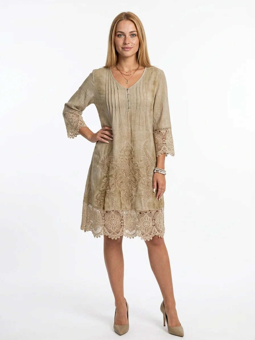 Clara Embroidered Midi Dress | V-Neck, Lace Trim Sleeves - Khaki - front