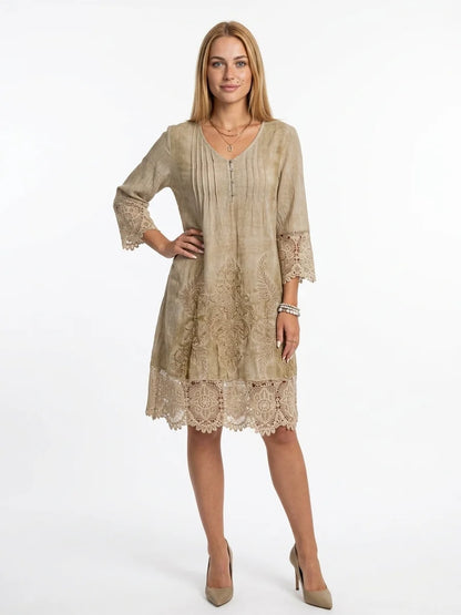 Clara Embroidered Midi Dress | V-Neck, Lace Trim Sleeves - Khaki - front