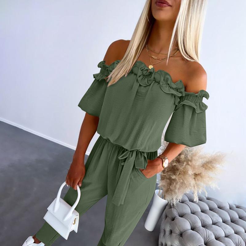 Damebuksedragt – off-shoulder med snørebånd i taljen og flæser