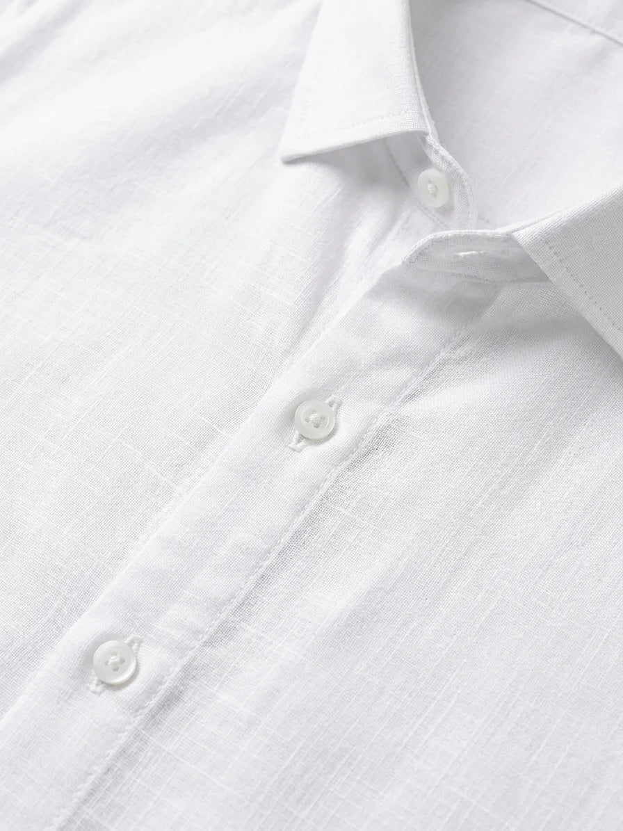 Momount Men Linen Shirt – Long Sleeve Slim Fit Point Collar Classic - White - detail