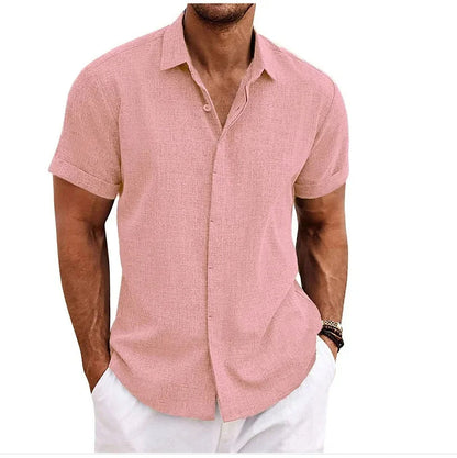 Momount Men Cotton Linen Shirt – Short Sleeve Button Up Casual