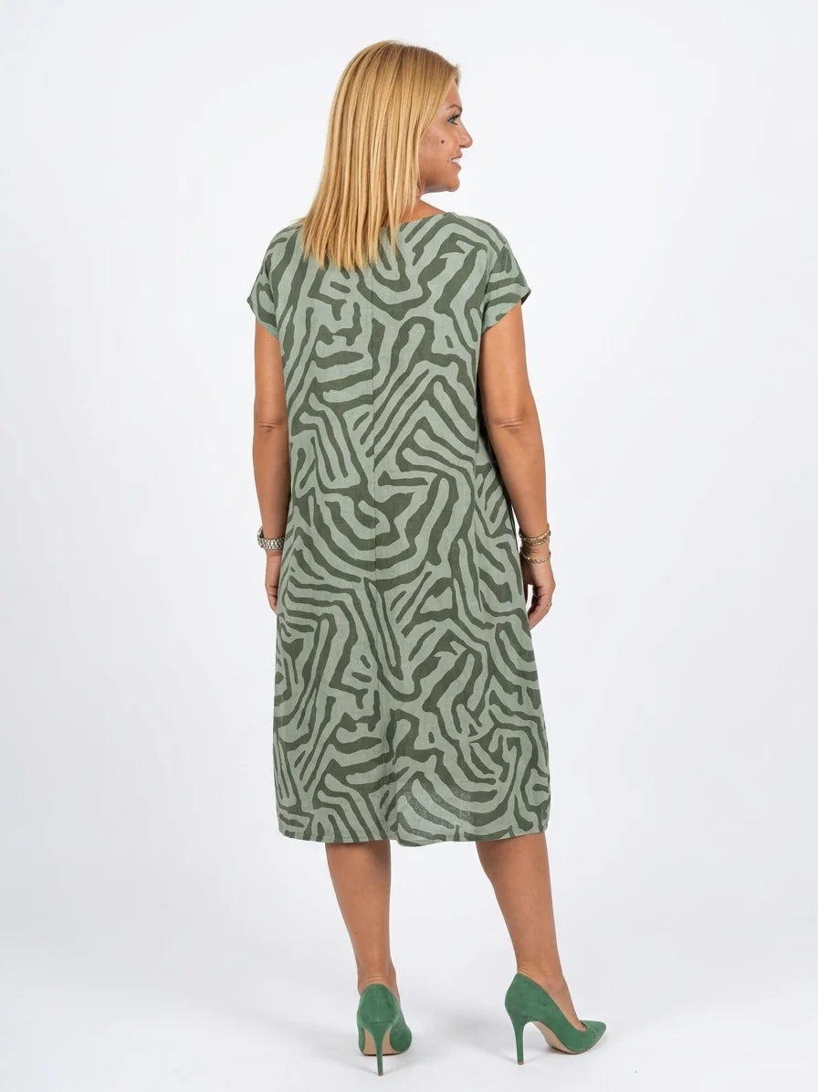 Cleo Abstract Shift Dress | Short Sleeve, Playful Print - Green - back
