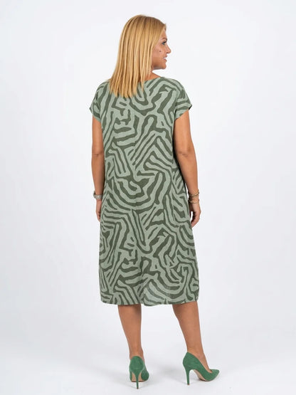 Cleo Abstract Shift Dress | Short Sleeve, Playful Print - Green - back