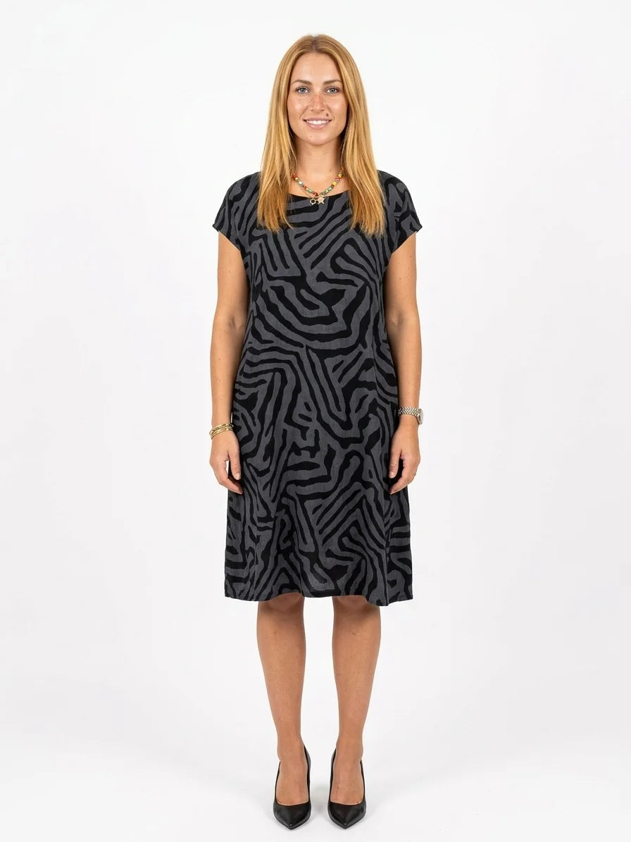 Cleo Abstract Shift Dress | Short Sleeve, Playful Print - Black - front