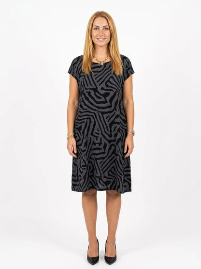 Cleo Abstract Shift Dress | Short Sleeve, Playful Print - Black - front
