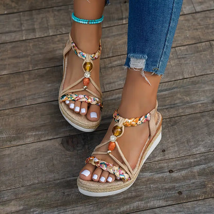 Momount espadrille kile-sandaler dame – boho med flettede perler og rhinsten