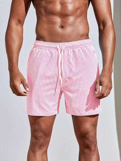 Stribede herrebadeshorts – Pink og hvid med snørelukning