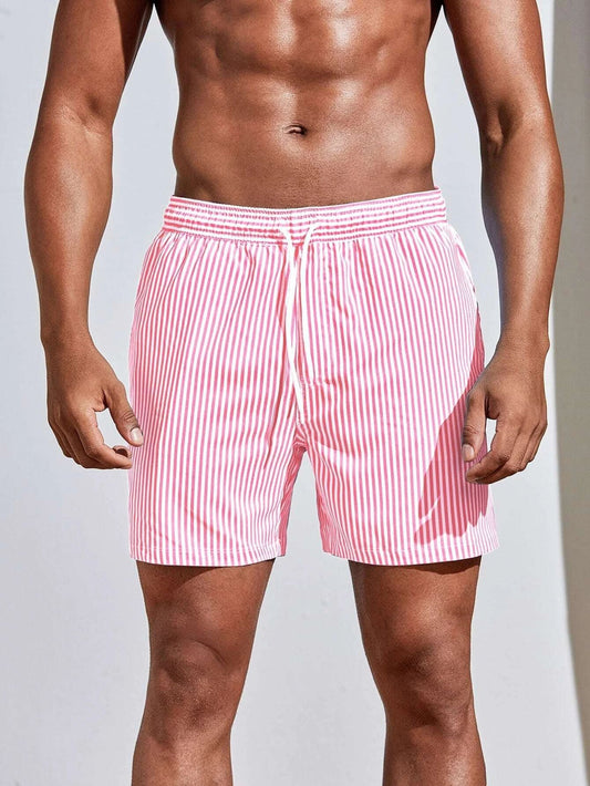 Stribede herrebadeshorts – Pink og hvid med snørelukning