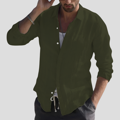 Momount Men Linen Shirt – Long Sleeve Turn Down Collar Button Up Classic