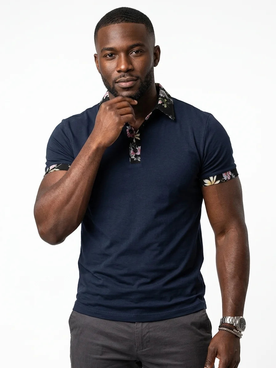 Momount Men Polo Shirt – Floral Contrast Collar Cuffs Short Sleeve - Dark Blue - front