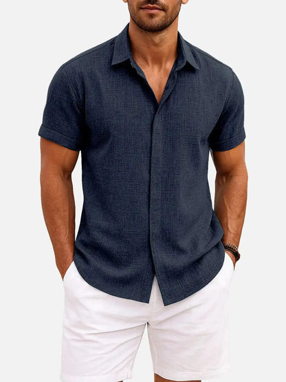 Momount Men Linen Shirt – Short Sleeve Turn Down Collar Cotton Blend Casual