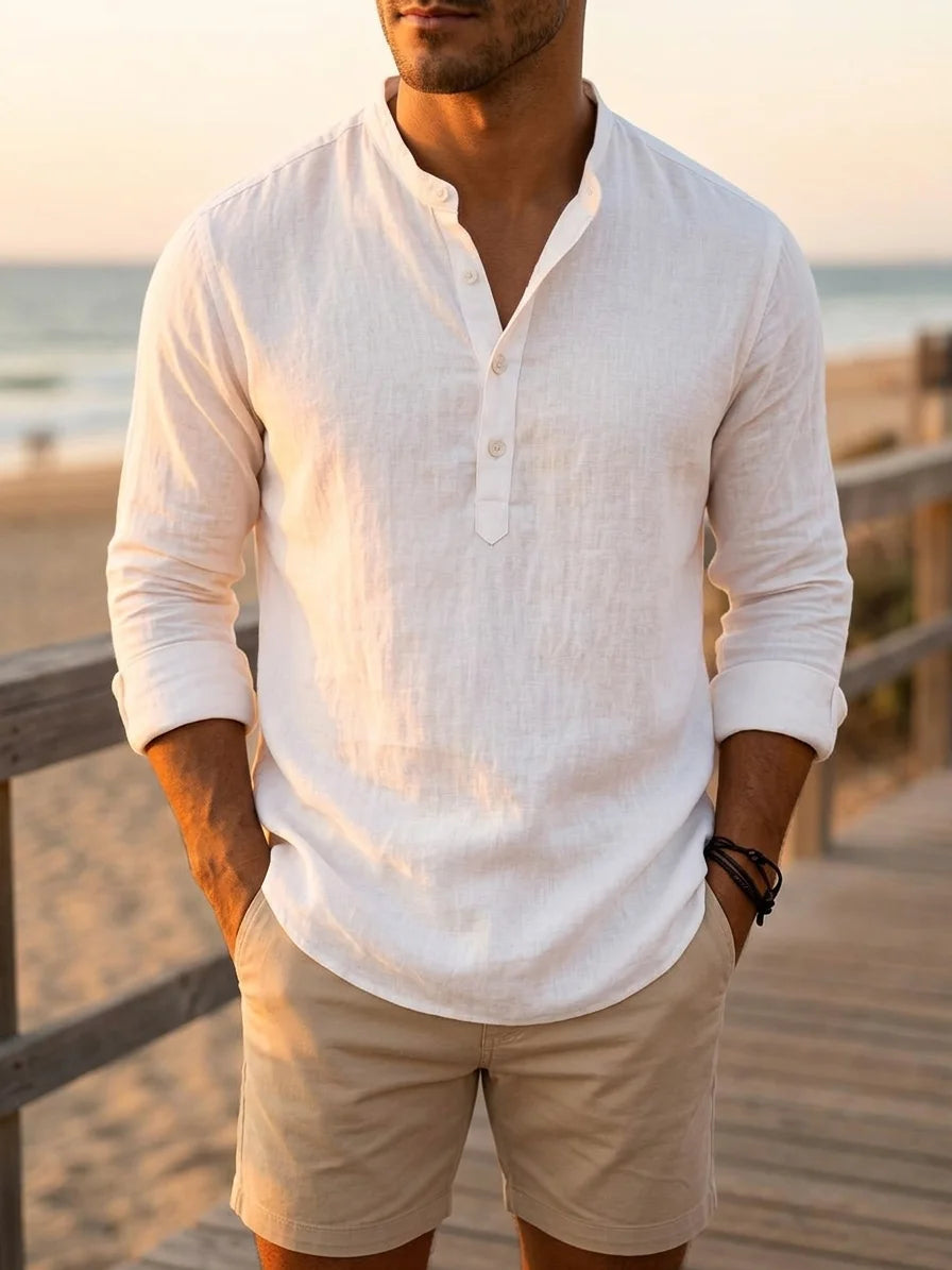 Momount Men Linen Henley Shirt – Long Sleeve Band Collar Breathable Casual - White - lifestyle_beach