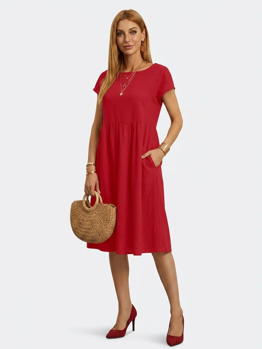 Amadea | Cotton Short Sleeve Tiered Summer Midi Dress - Red - 3/4