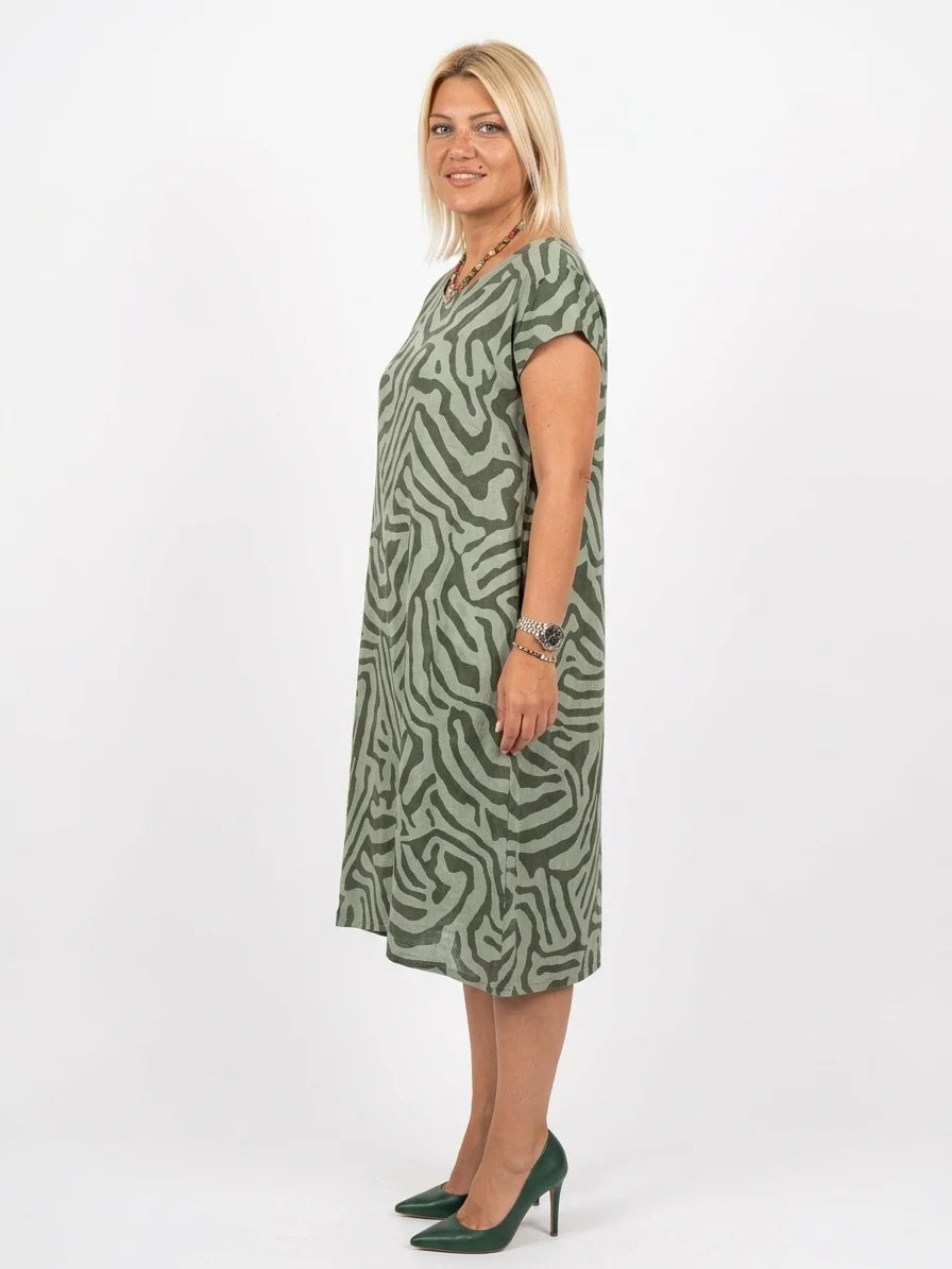 Cleo Abstract Shift Dress | Short Sleeve, Playful Print - Green - side