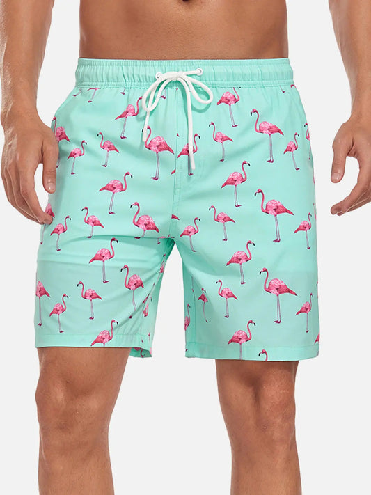 Herrebadeshorts med flamingo-print – Mintgrøn med snørelukning