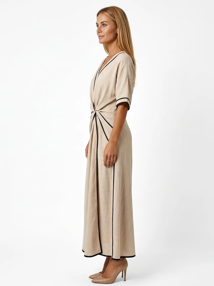 Vivian Twist Front Maxi Dress | V-Neck, Contrast Edges - Beige - side