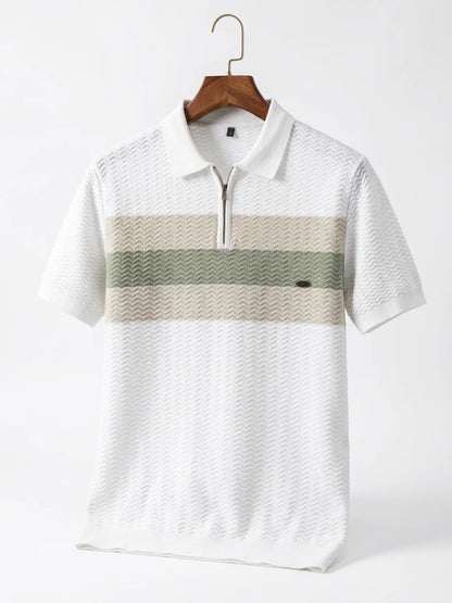 Momount Men Half Zip Polo Shirt – Knit Contrast Stripe Short Sleeve - White - hanger