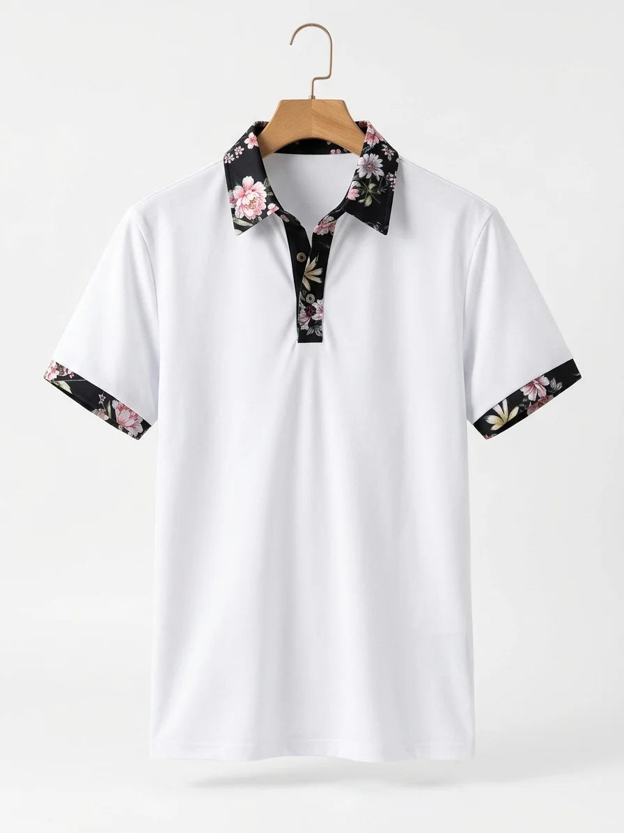Momount Men Polo Shirt – Floral Contrast Collar Cuffs Short Sleeve - White - hanger