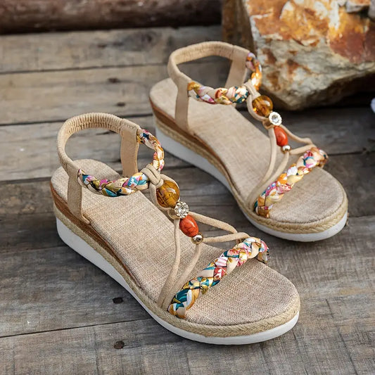 Momount espadrille kile-sandaler dame – boho med flettede perler og rhinsten