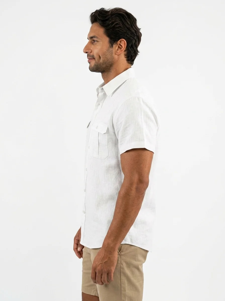 Momount Men Linen Shirt – Short Sleeve Double Chest Pocket Utility Casual - White - side