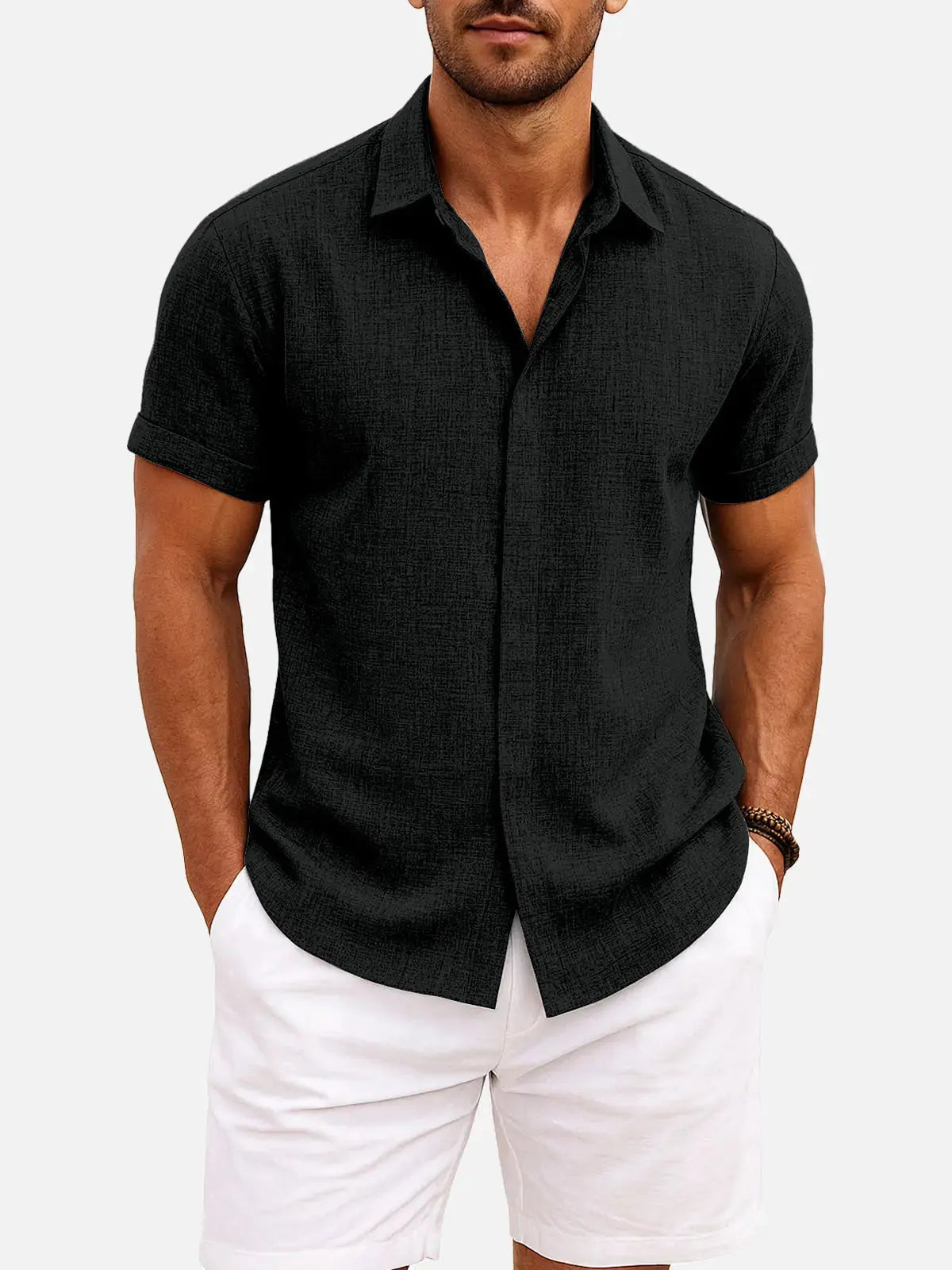 Momount Men Linen Shirt – Short Sleeve Turn Down Collar Cotton Blend Casual