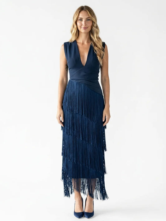 Dolce V-Neck Maxi Dress | Pleated, Fringe Detail, Festive - main - front
