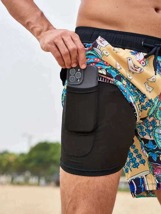 Herrebadeshorts med palmeprint – Mesh-foer og hurtigtørrende skal