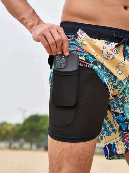 Herrebadeshorts med palmeprint – Mesh-foer og hurtigtørrende skal