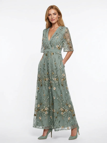 Eden Floral Wrap Maxi Dress | Contrast Trim, Elegant - Blue - 3/4