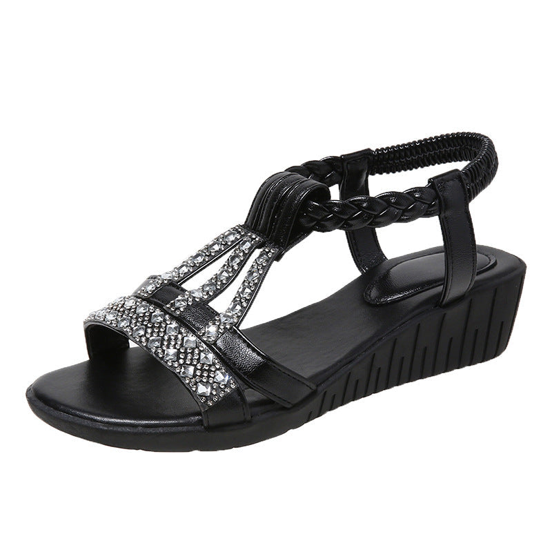 Momount kile-sandaler dame – boho med rhinsten, flettet T-strop til sommer