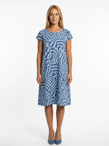 Cleo Abstract Shift Dress | Short Sleeve, Playful Print - Blue - front