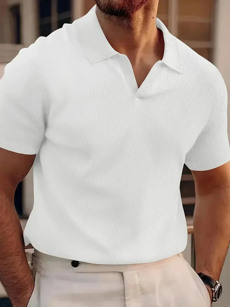 Momount Men Polo Shirt – Ribbed Knit Button-Free V Neck