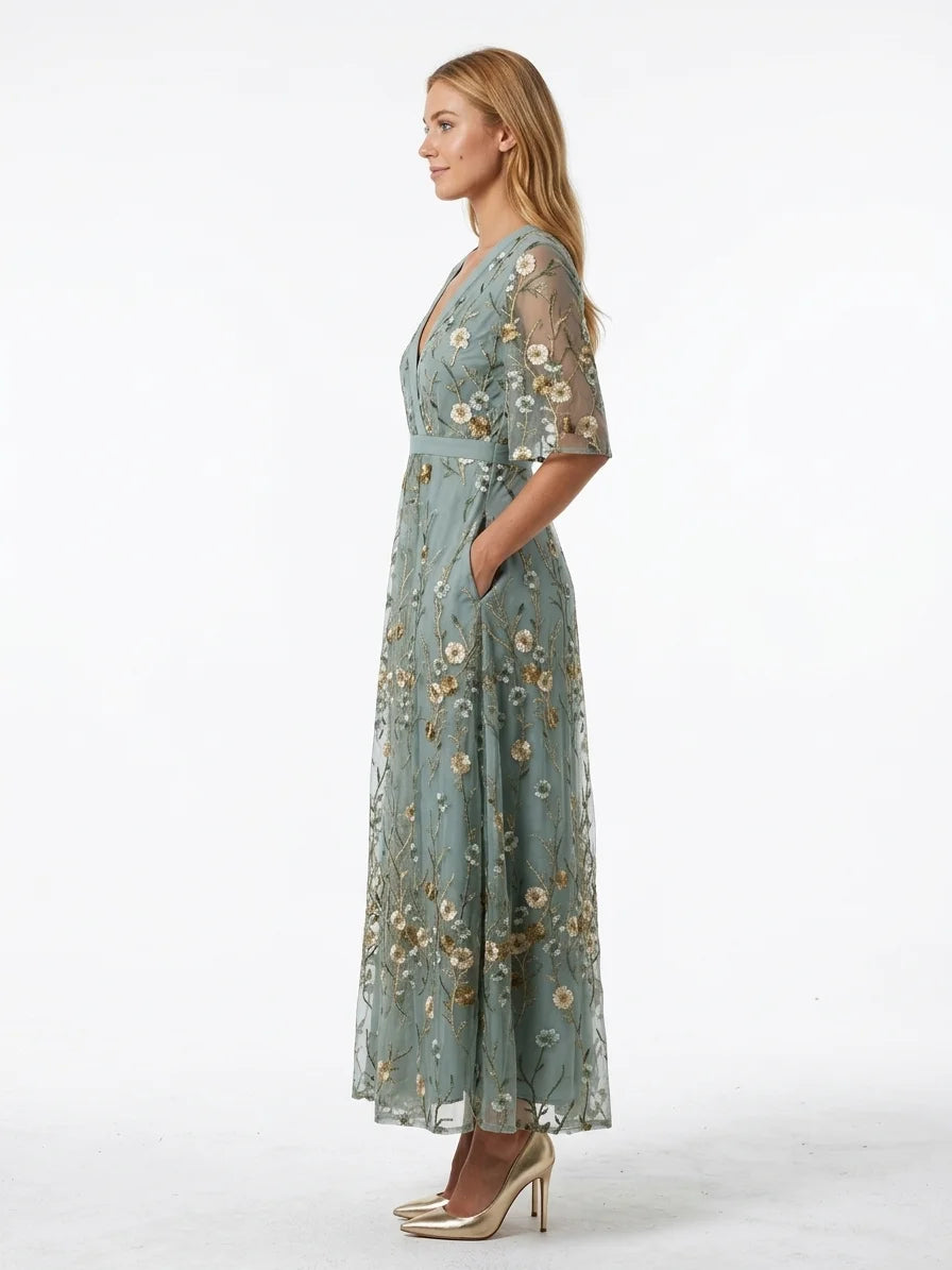 Eden Floral Wrap Maxi Dress | Contrast Trim, Elegant - Blue - side