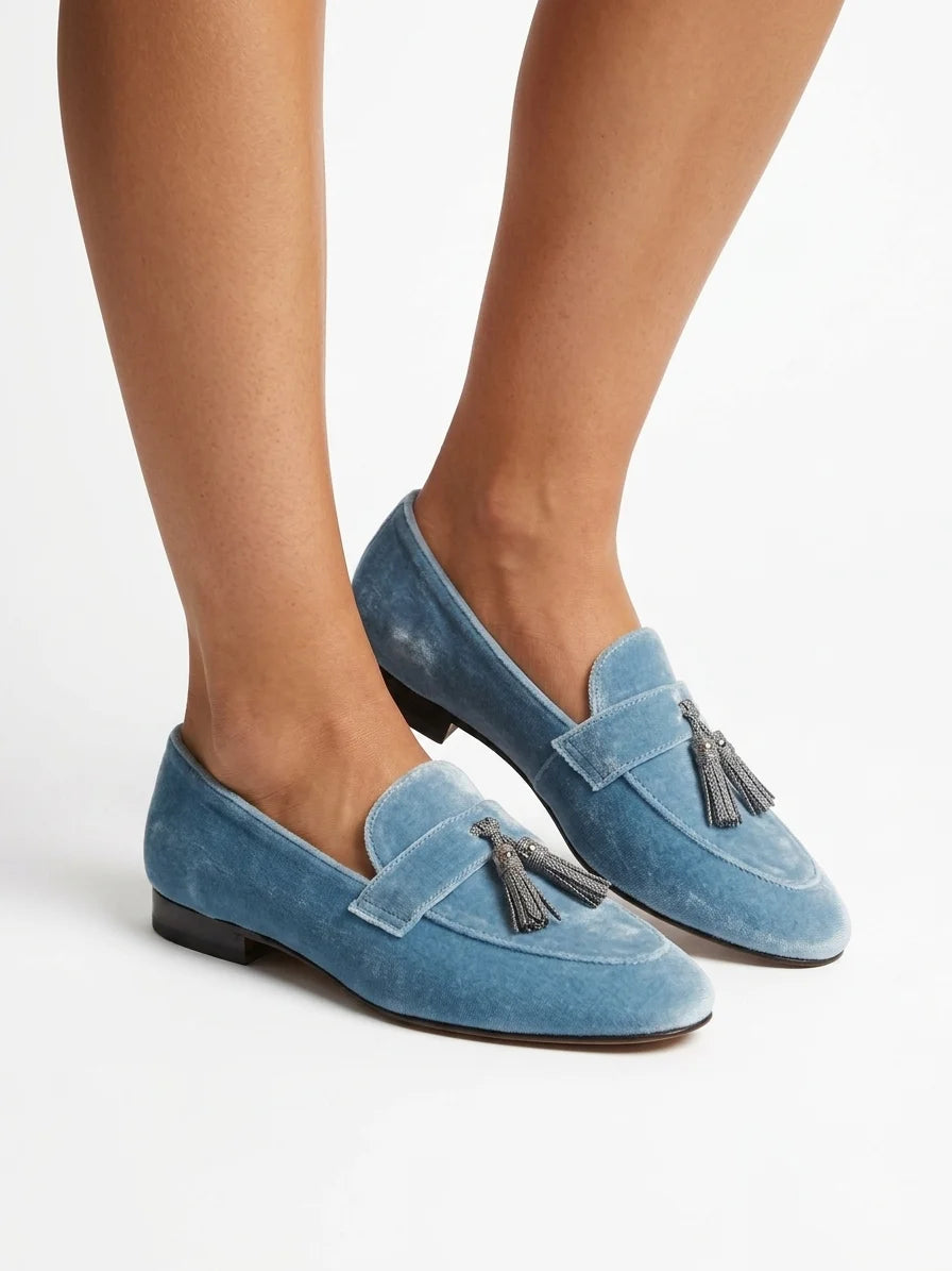 Women's Tassel Loafers – Slip-On Flat Closed Toe - Blue - onfoot