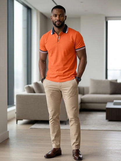 Momount Men Polo Shirt – Contrast Collar Striped Cuff Short Sleeve - Orange - lifestyle_indoor