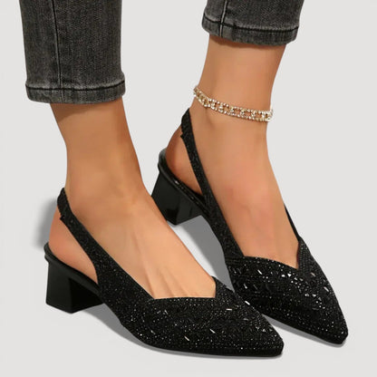 Momount Dame Pumps med Slingback – Rhinsten Spids Tå Lav Bred Hæl V-Udskæring