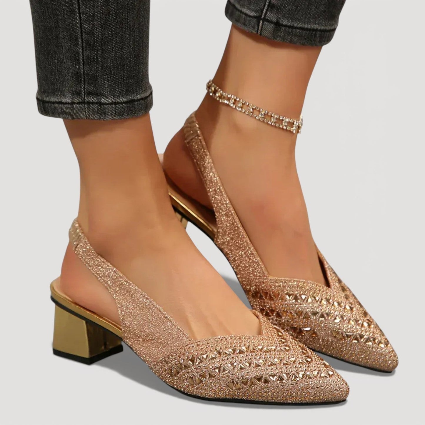 Momount Dame Pumps med Slingback – Rhinsten Spids Tå Lav Bred Hæl V-Udskæring