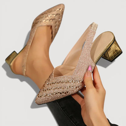 Momount Dame Pumps med Slingback – Rhinsten Spids Tå Lav Bred Hæl V-Udskæring