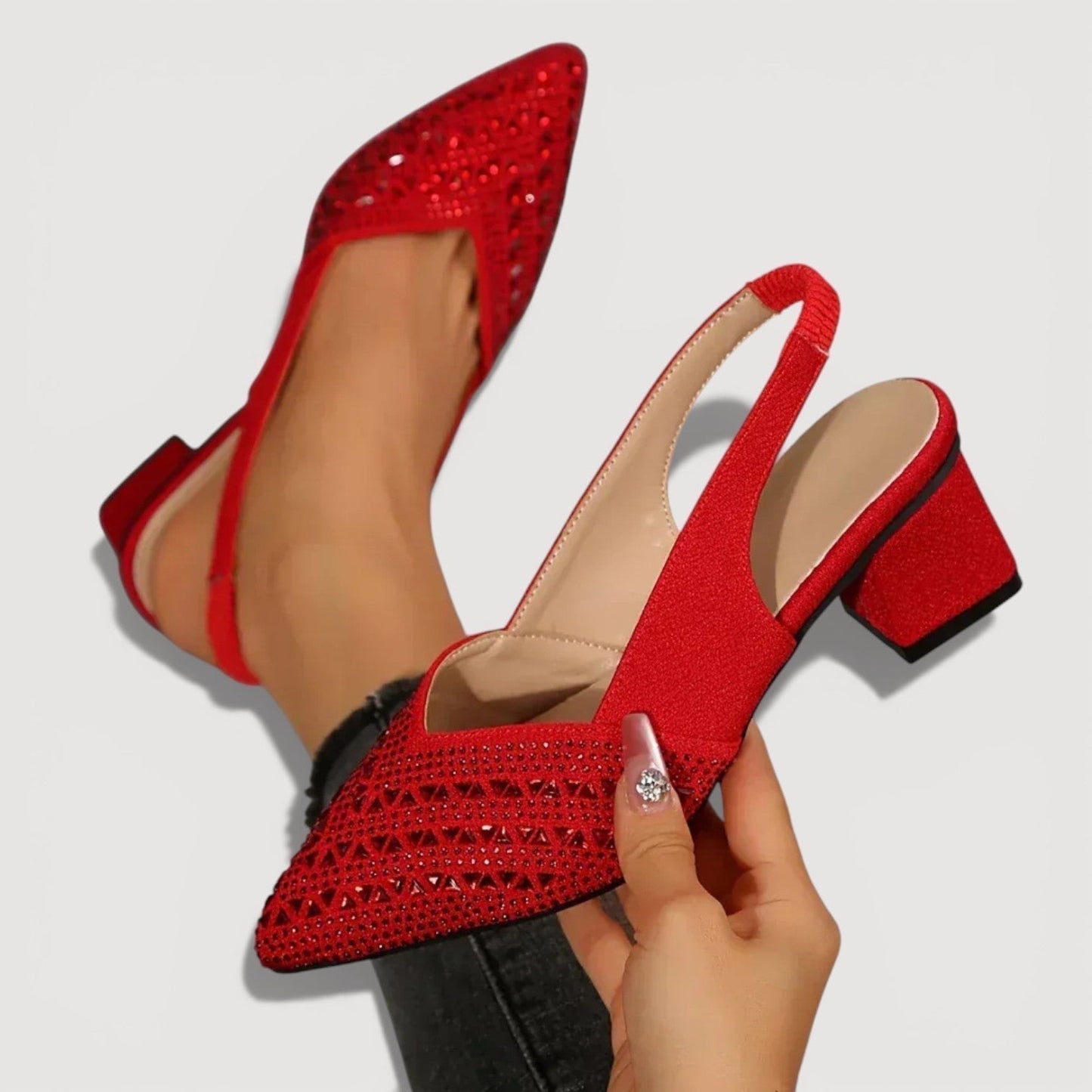 Momount Dame Pumps med Slingback – Rhinsten Spids Tå Lav Bred Hæl V-Udskæring