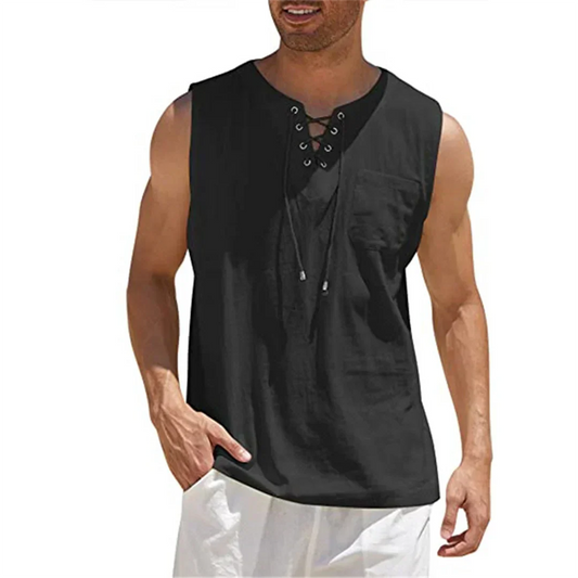 Momount Men Linen Tank Top – Lace Up V Neck Sleeveless Beach Casual