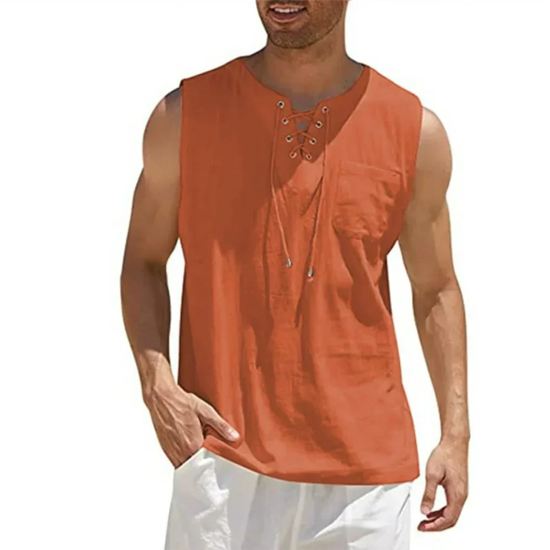 Momount herretanktop i hør – V-hals med snørelukning til strand og sommer