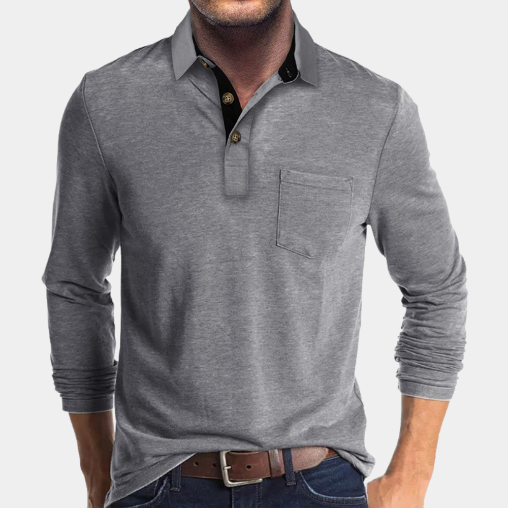 Momount herrepolo med lange ærmer – kontrastkrave og brystlomme i klassisk pasform