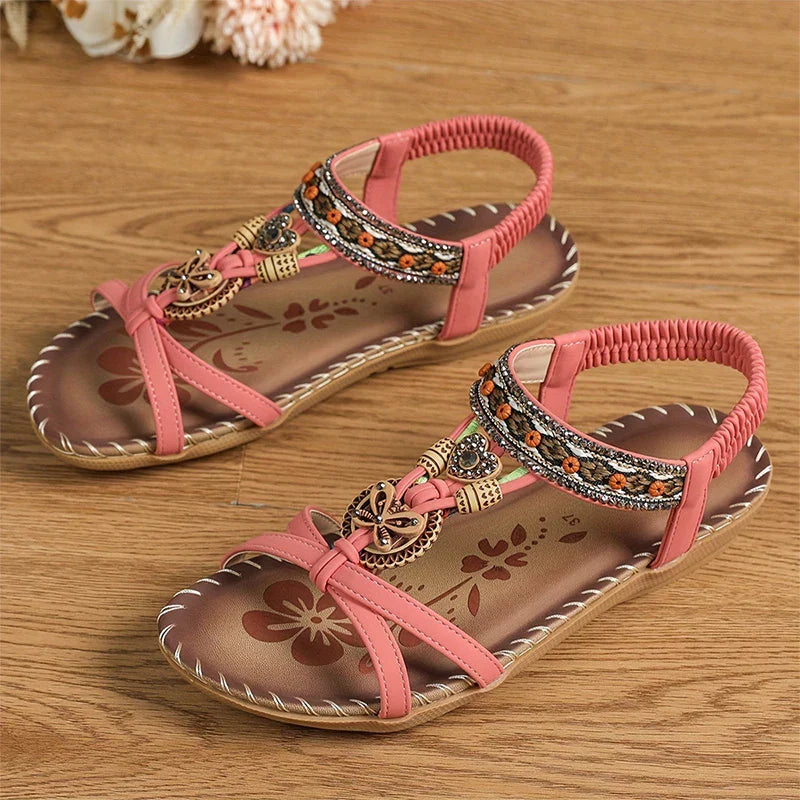 Momount slingback-sandaler dame – petroleumsblå boho med perler, rhinsten og flad sål