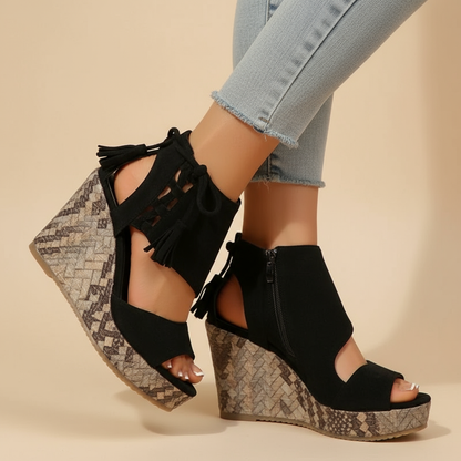 Momount kile-sandaler dame – vævet ruskind med sløjfe og høj platform i boho-stil